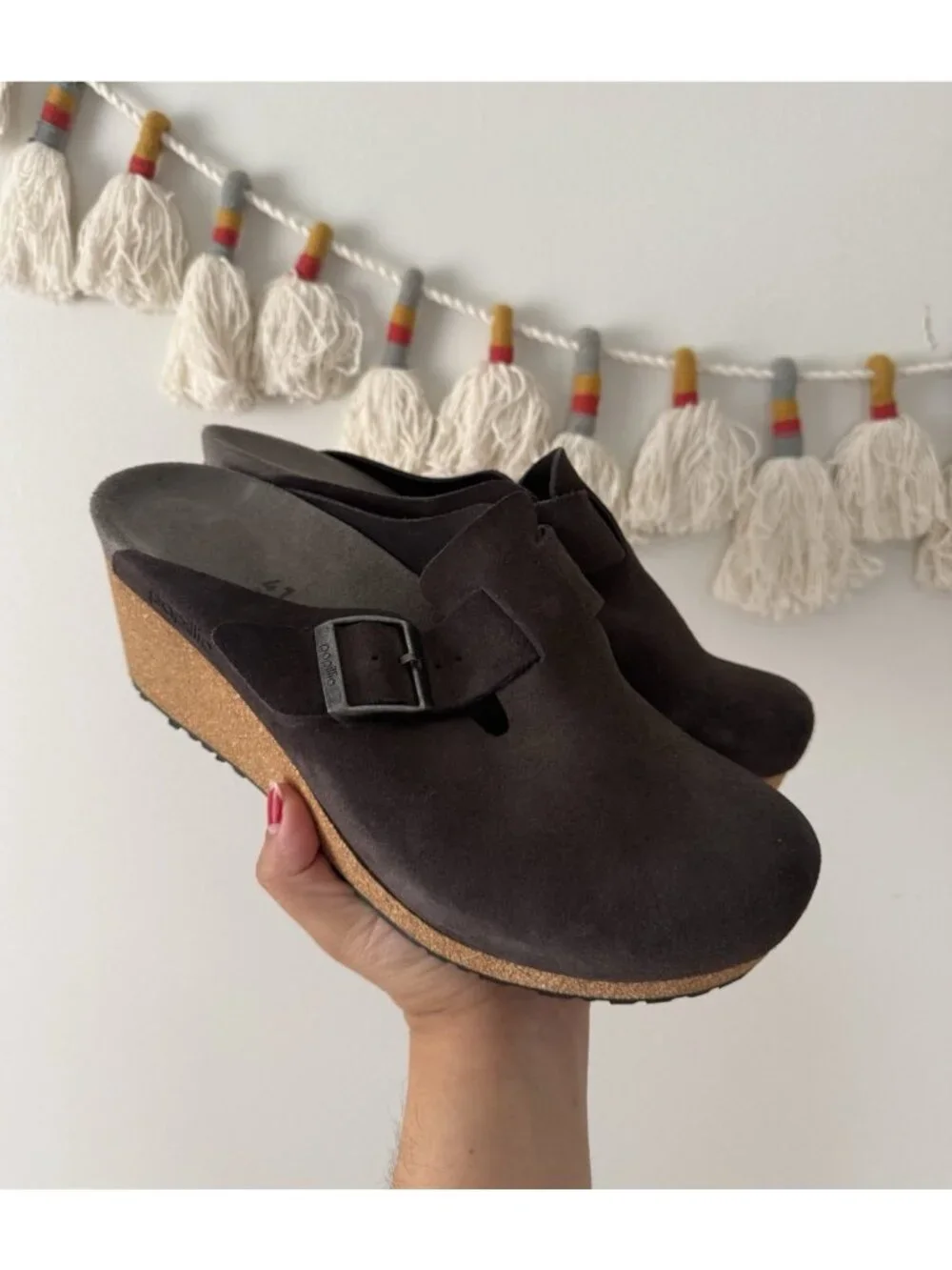 Birkenstock Papillio Fanny Suede Leather Wedge Charcoal Black Buckle Slip On 41